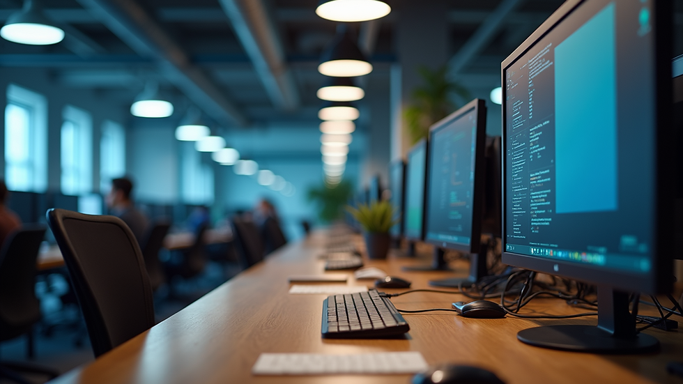 Eye-level view of a modern office workspace with multiple computer screens