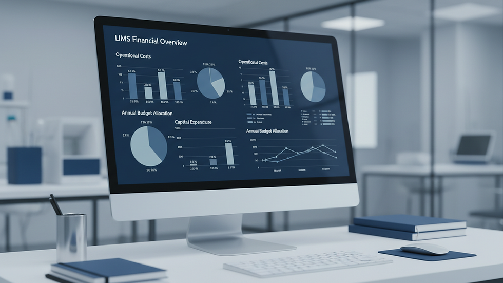 Close-up view of a computer screen showing LIMS cost analysis and budgeting charts