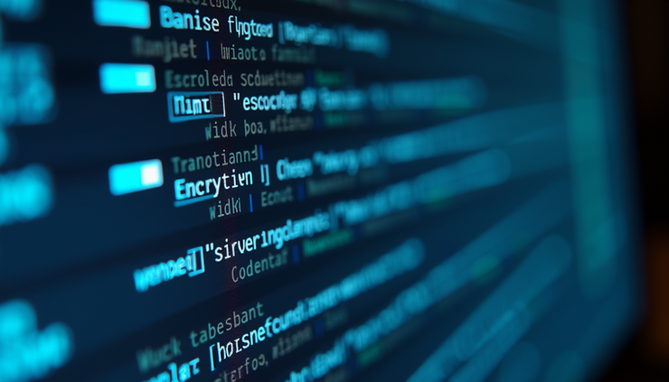 Close-up view of a computer screen displaying encrypted data and compliance checklists