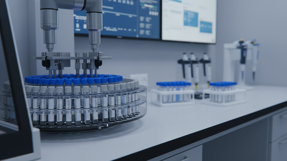 Close-up view of a hospital laboratory analyzer with test tubes