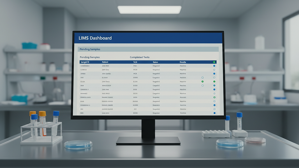 Close-up view of a computer screen displaying LIMS dashboard with sample data