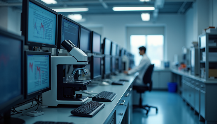 Eye-level view of a laboratory workstation with genome sequencing equipment