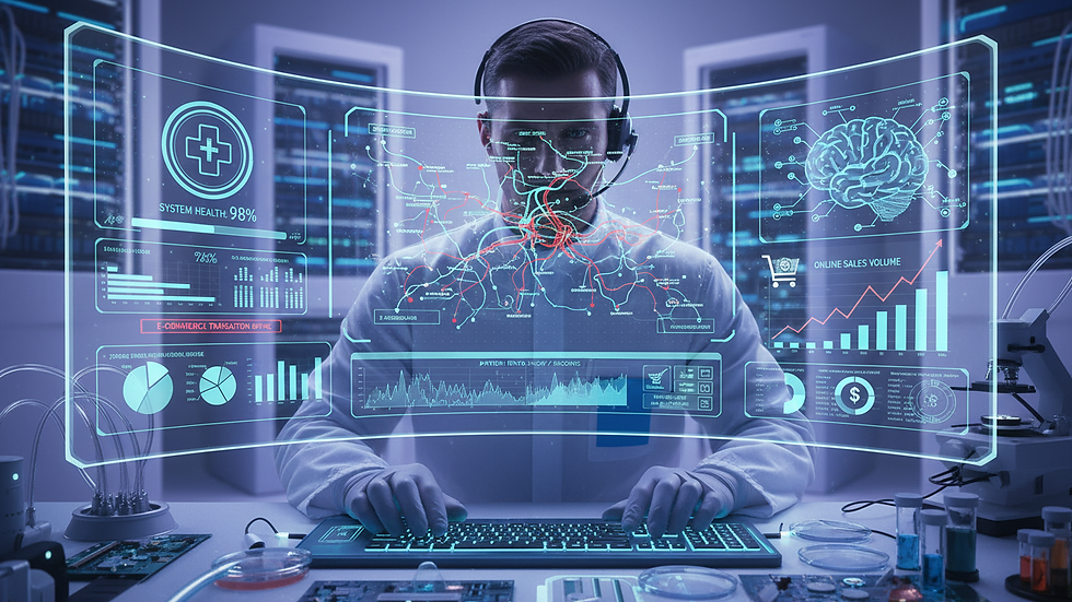 Close-up view of a technician monitoring network performance on multiple screens
