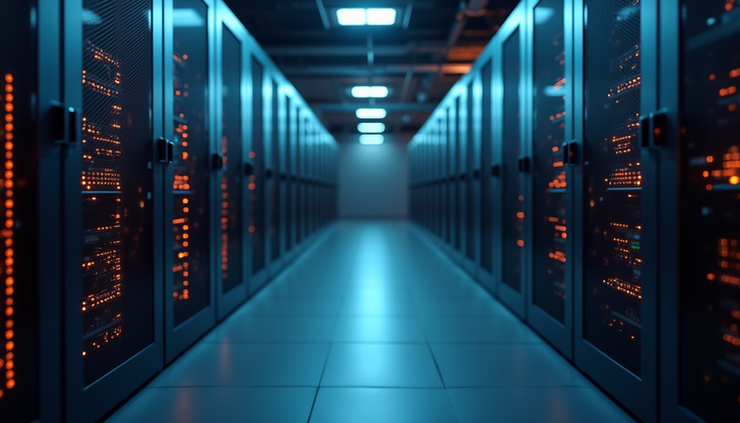 Eye-level view of a server room with automated monitoring systems