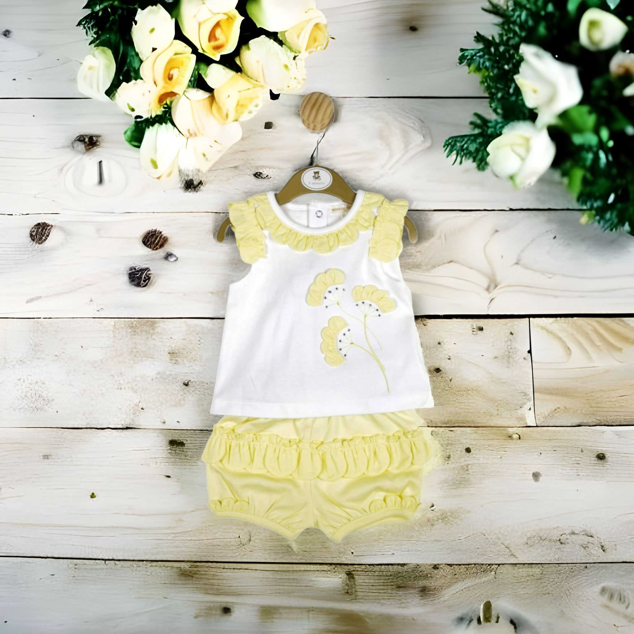 White Top With Lemon Ruffle Flowers & Matching Bloomers