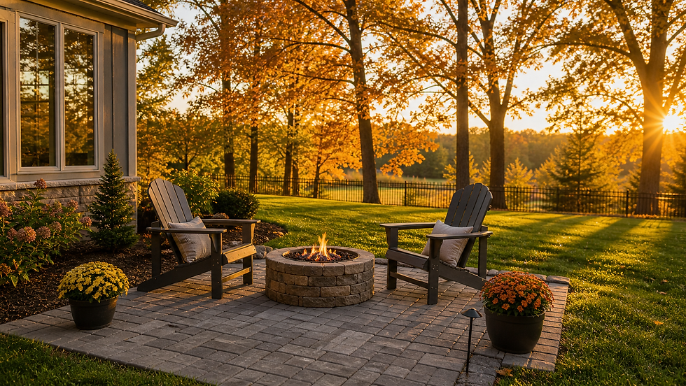 This image shows a beautifully designed backyard patio with gray interlocking pavers, Adirondack chairs, and a cozy fire pit, surrounded by a manicured lawn and vibrant autumn trees glowing in warm golden-hour light.