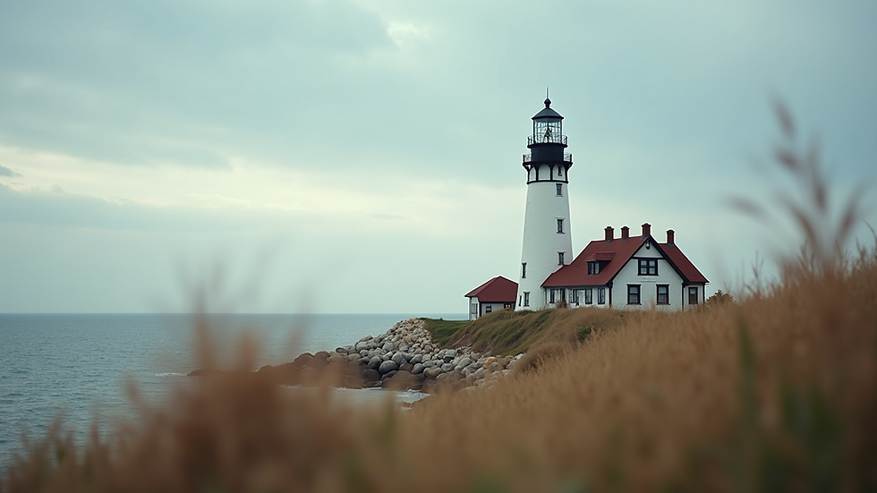 Eye-level view of historic lighthouse on Connecticut coastline