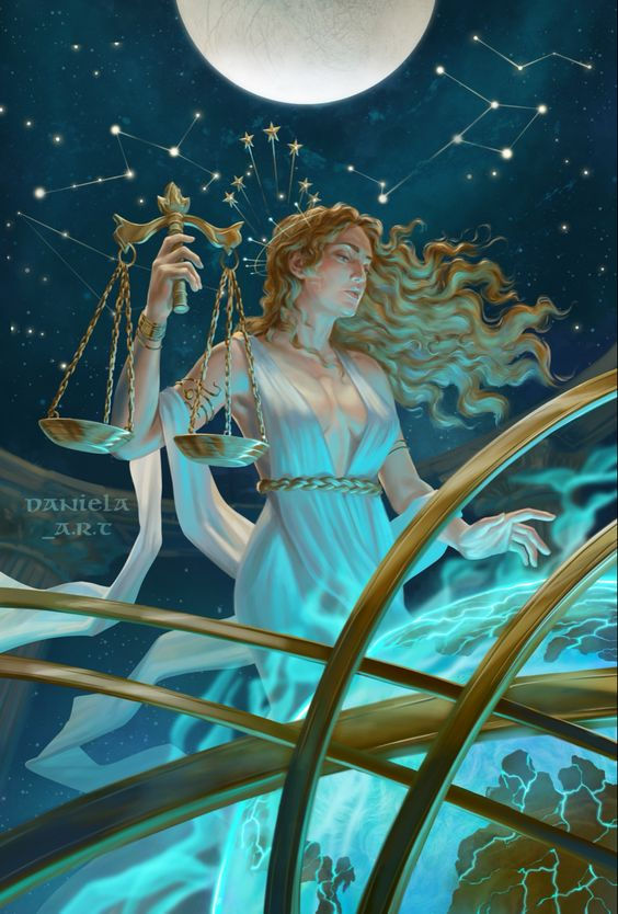 Astrea, goddess, moon, stars, scales, earth