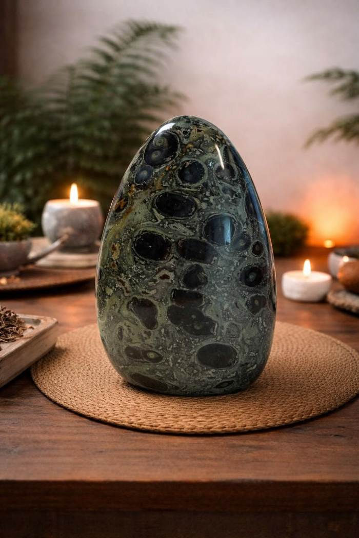 kambaba jasper, candles, ferns