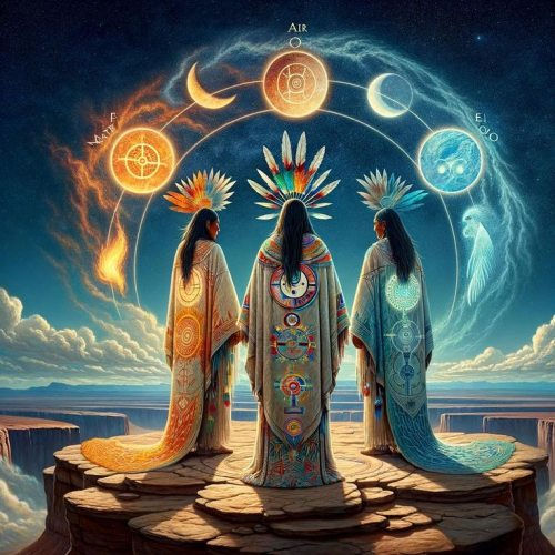 First Nation Shamans, rock, sky, planets
