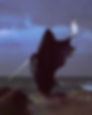 cloaked shadow figure, sword, white flame, landscape