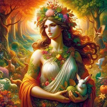 goddess, sun, trees, animals, flowers