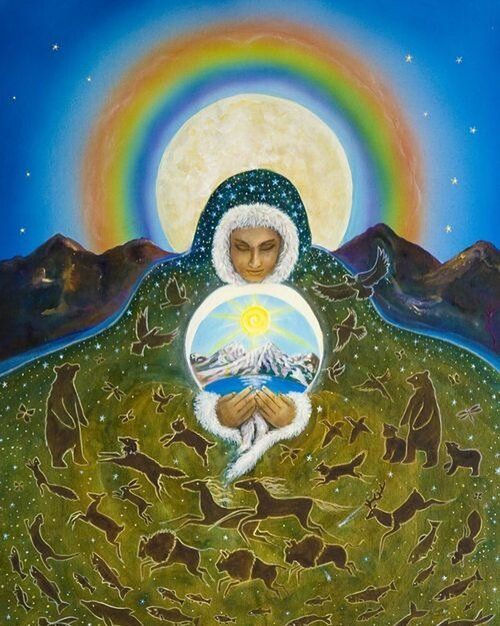 animals, Earth, Moon, sky, rainbow, mountains, goddess