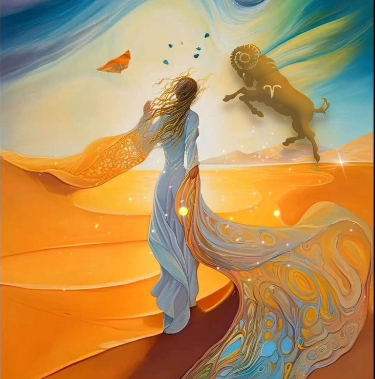 sand, sky, sunrise, butterfly, feminine figure, aries, ram