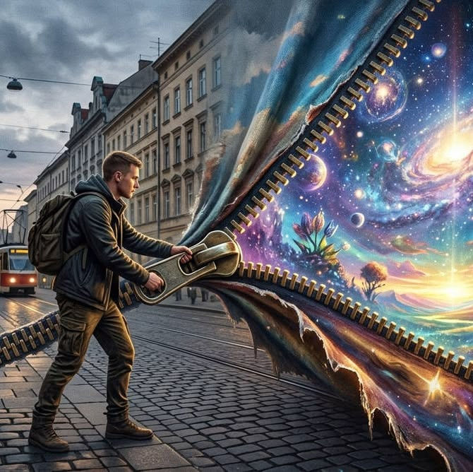 man, city, zipper, cosmos