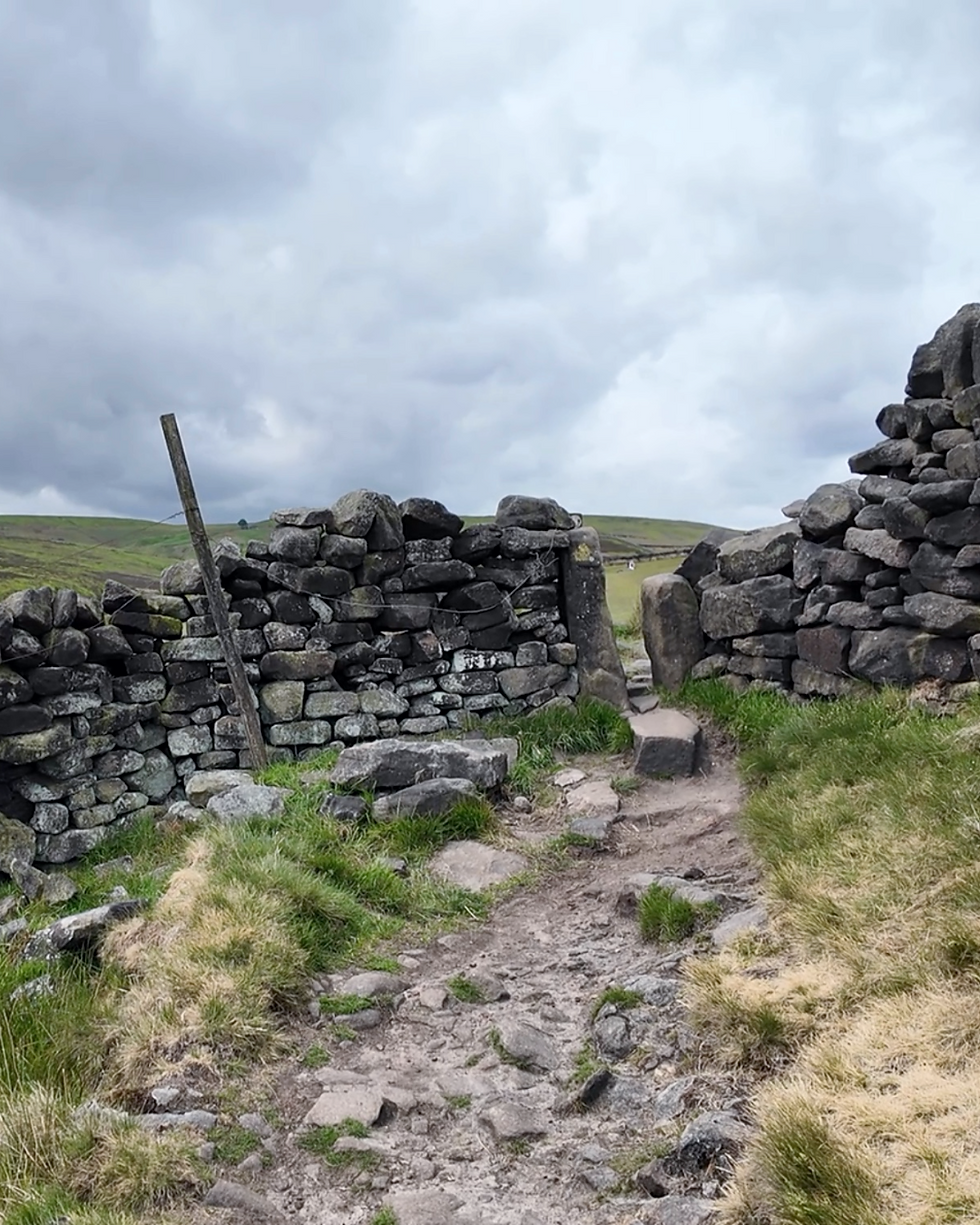 Stone path leads through a weathered stone wall under a cloudy sky, surrounded by lush green fields. Mood is rustic and serene.