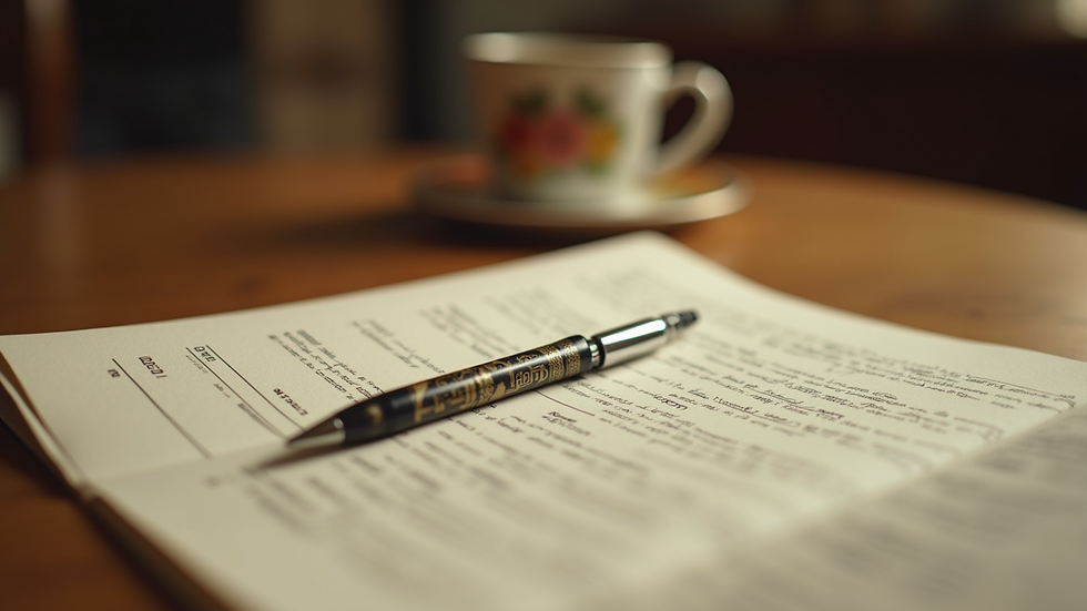 Close-up view of a Bollywood movie script and a pen on a wooden table