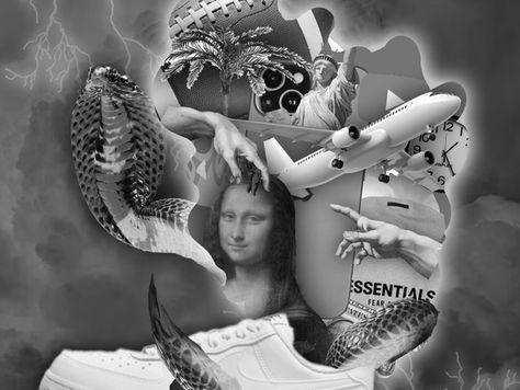 Imaginative black and white collage featuring Mona Lisa, football, sneaker and other aestheticized images.