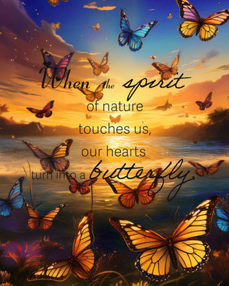 Student-designed motivational poster featuring AI-generated imagery of colorful butterflies flying over water at sunset. Text reads, “When the spirit of nature touches us, our hearts turn into a butterfly.” Imagery created in Adobe Express with typography added in Photoshop.