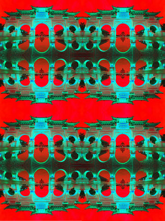 Red and aqua colosseum photo in abstract symmetry arrangement using Photoshop Adjustment Layers to explore color and mood.