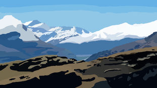 Student-created digital landscape painting of snow-covered blue mountains with softly blended icy peaks, dark rocky hills, and open sky completed in Adobe Photoshop using a Wacom tablet, custom brushes, layers, and painting techniques.