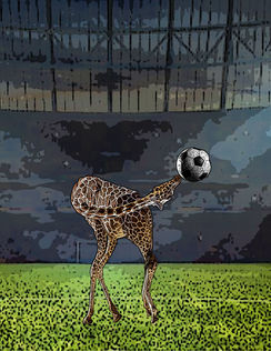 Student-created digital artwork featuring a soccer playing giraffe in an imaginative environment using Photoshop Puppet Warp, compositing, and visual storytelling techniques.