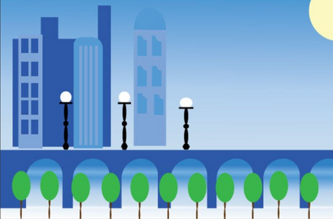 Student-designed vector illustration of a clean, light-blue cityscape during the day featuring a bridge with a series of arches, lined with streetlamps and simplified green lollipop-shaped trees under a clear blue sky, created in Adobe Illustrator.