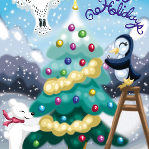 Student-designed holiday card featuring a digitally illustrated Christmas tree decorated by small forest animals, set against a backdrop of snowy mountains and complemented by seasonal typography. Created in Adobe Photoshop for a countywide contest.