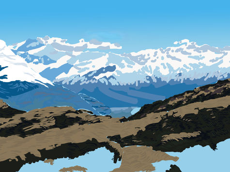 Student-created digital landscape painting of snow-covered blue mountains with softly blended icy peaks, dark rocky hills, and open sky completed in Adobe Photoshop using a Wacom tablet, custom brushes, layers, and painting techniques.