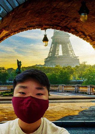 Blended composition using two photographs to look like they were taken together based on a vacation theme.