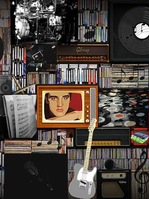 Student-created surreal digital composition inspired by Salvador Dalí and using Photoshop compositing techniques featuring Elvis Presley and musical surroundings.
