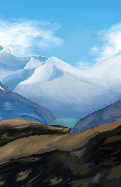 Student-created digital blue mountain landscape painting completed in Adobe Photoshop using a Wacom tablet, custom brushes, layers, and painting techniques.
