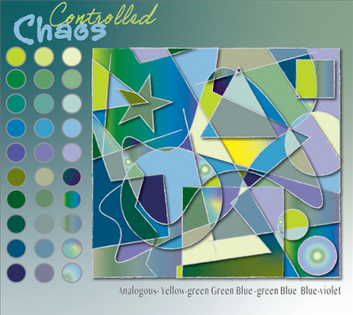 Student-designed geometric abstract vector composition using a muted palette of blue, green and yellow with custom tints, tones, shades, and gradients. The words “Controlled Chaos” communicates the mood inspired by the colors.