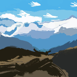 Student-created digital landscape painting of snow-covered blue mountains with softly blended icy peaks, dark rocky hills, and open sky completed in Adobe Photoshop using a Wacom tablet, custom brushes, layers, and painting techniques.