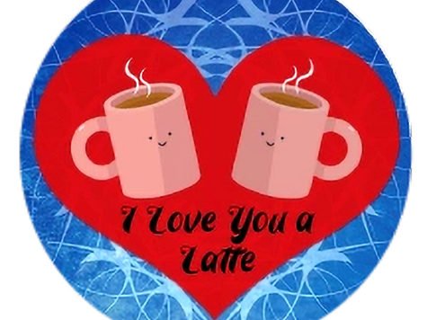 Student-designed wearable button featuring original digital artwork of coffee mugs and I Love You Latte created as a small-format expression of creativity.