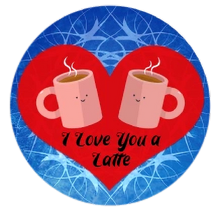 Student-designed wearable button featuring original digital artwork of coffee mugs and I Love You Latte created as a small-format expression of creativity.