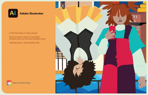 Original student-designed Adobe Illustrator splash screen illustrating two stylized characters arranged in an imaginative upside-down scene with colorful clothing, architectural forms, and strong visual storytelling.