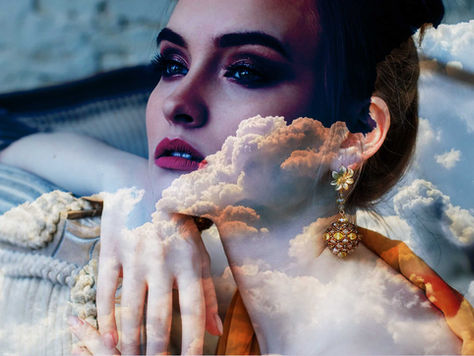 Student-created artistic composition featuring layered imagery, expressive text, textures, double exposure and Photoshop blending techniques.