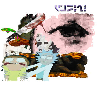 Student-designed T-shirt graphic featuring a surreal collage of animated characters, food, eye, knife, and abstract imagery in pink, black, and blue, created in Adobe Photoshop.