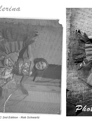 Teacher restored a vintage ballerina portrait in black and white using professional Photoshop photo restoration techniques.
