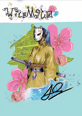 Digital illustration set against a light pastel teal background. In the center, a warrior figure with a blue ponytail wearing a traditional golden-yellow kimono and a purple sash holds a katana. The figure wears a white Japanese Kitsune (fox) mask decorated with floral patterns. The scene is framed by large pink cherry blossoms, crashing blue and white waves at the bottom, and a traditional Japanese pagoda temple in the background. The top features stylized, mirrored text with splatter paint elements.