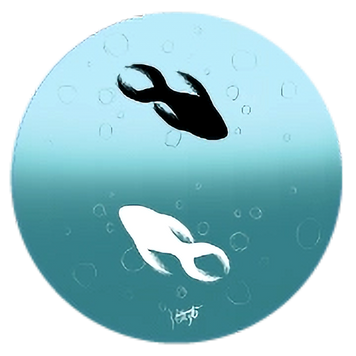 Student-designed wearable button featuring original digital artwork of black and white koi fish as a small-format expression of creativity.