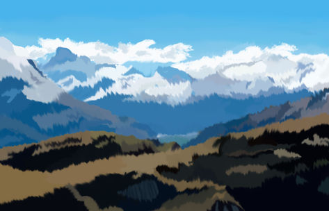 Student-created digital landscape painting of snow-covered blue mountains with softly blended icy peaks, dark rocky hills, and open sky completed in Adobe Photoshop using a Wacom tablet, custom brushes, layers, and painting techniques.