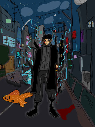 A student-designed original fantasy character named Chihiro, from concept to story to completion, illustrated using Adobe Photoshop and Wacom tablet. Finished version with creative background.