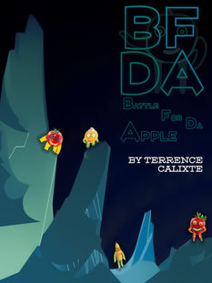 Student-designed storybook cover titled Battle for Da Apple (BFDA), featuring small fruit and vegetable characters exploring dark blue mountains, with digital compositing and custom typography created in Adobe Photoshop.