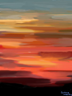 Student-created digital landscape painting completed in Adobe Photoshop using a Wacom tablet, custom brushes, layers, and digital painting techniques.