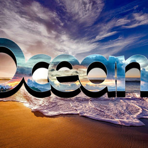 Student-created clipping mask design featuring the word "Ocean" filled with oceanic photography.