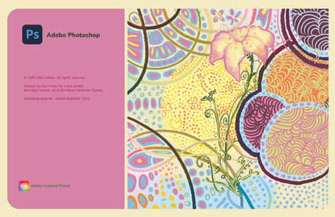 Original student-designed Adobe Photoshop splash screen illustrating a delicate pink flower surrounded by colorful hand-drawn patterns, flowing botanical lines, and overlapping circular forms, creating a joyful and imaginative celebration of nature and creativity.