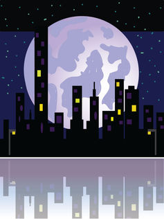 Student-designed vector illustration of a dramatic night scene dominated by an enormous, detailed white moon looming behind a silhouetted black city skyline, with the entire image perfectly mirrored on a glossy reflective surface below, created in Adobe Illustrator.