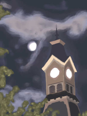 Student-created digital cityscape painting completed in Adobe Photoshop using a Wacom tablet, custom brushes, layers, and digital painting and blending techniques. The painting is a close-up night view of a historic clock tower lit from within under a cloudy night sky with a full moon peaking through.